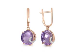 Серьги с 2 аметистами и 16 фианитами из красного золота