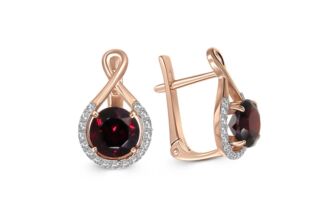 Серьги с 2 гранатами и 34 фианитами из красного золота
